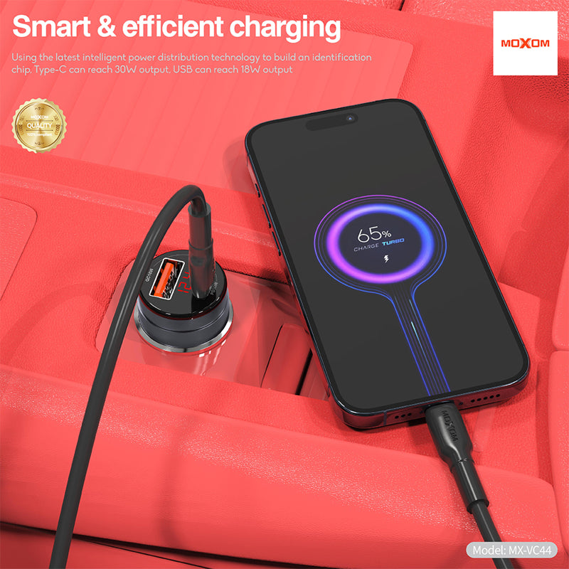 Auto punjac Moxom MX-VC44 USB-A 18W+Type-C PD30W bez kabla crni