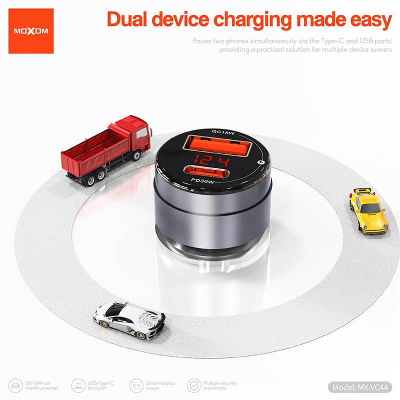 Auto punjac Moxom MX-VC44 USB-A 18W+Type-C PD30W bez kabla crni