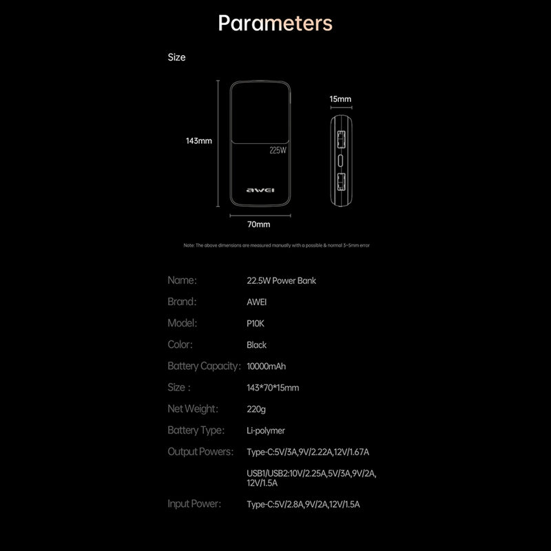 Power bank AWEI P10K 10000mAh crni