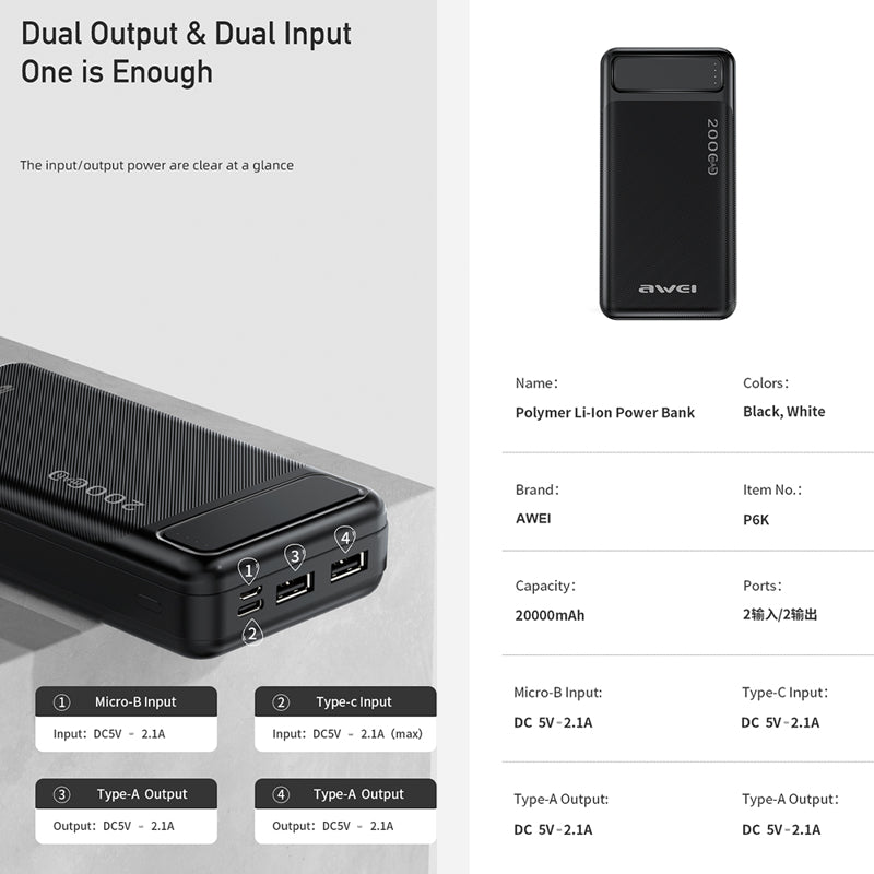 Power bank AWEI P6K 20000mAh crni