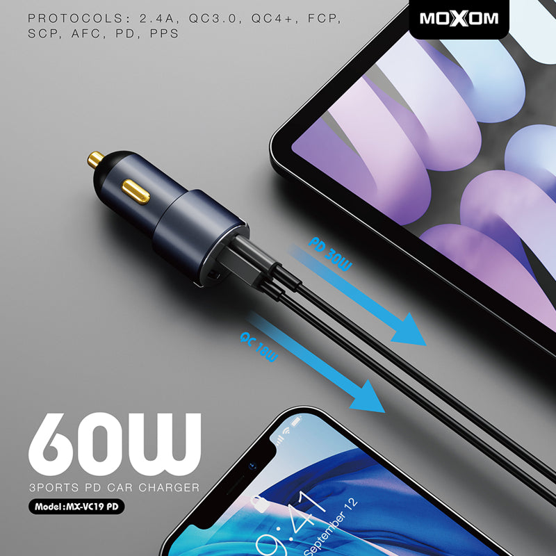Auto punjac Moxom MX-VC19 60W 3 ports crni