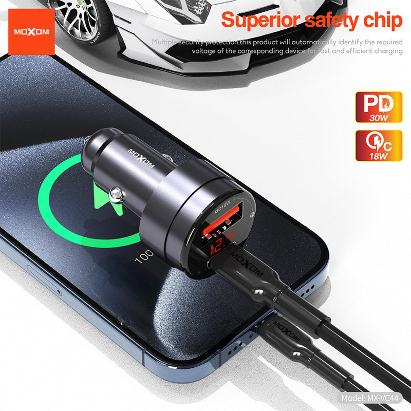 Auto punjac Moxom MX-VC44 USB-A 18W+Type-C PD30W bez kabla crni