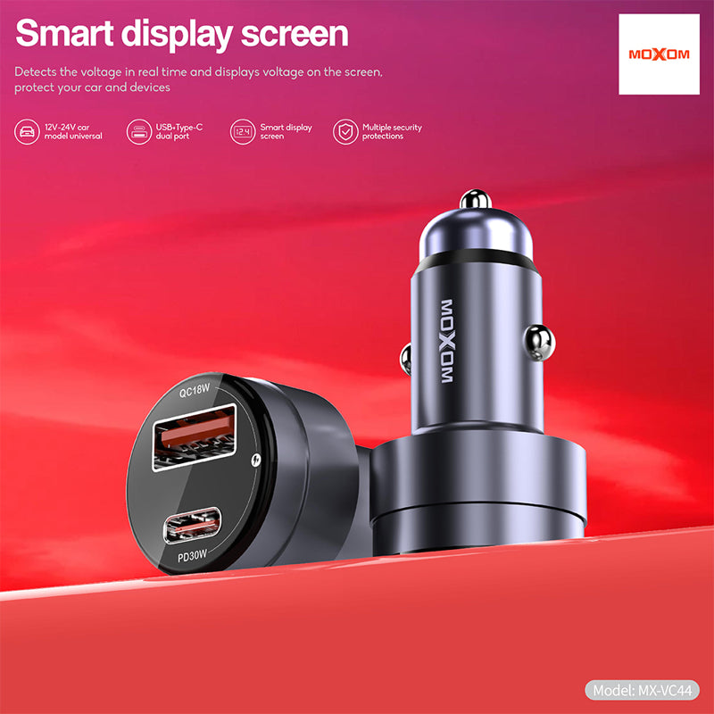 Auto punjac Moxom MX-VC44 USB-A 18W+Type-C PD30W bez kabla crni