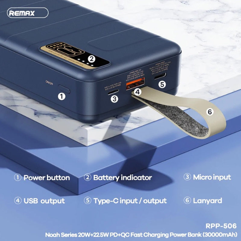 Power Bank REMAX Noah series RPP-506 QC 22.5w + PD 20W 30000mAh plavi