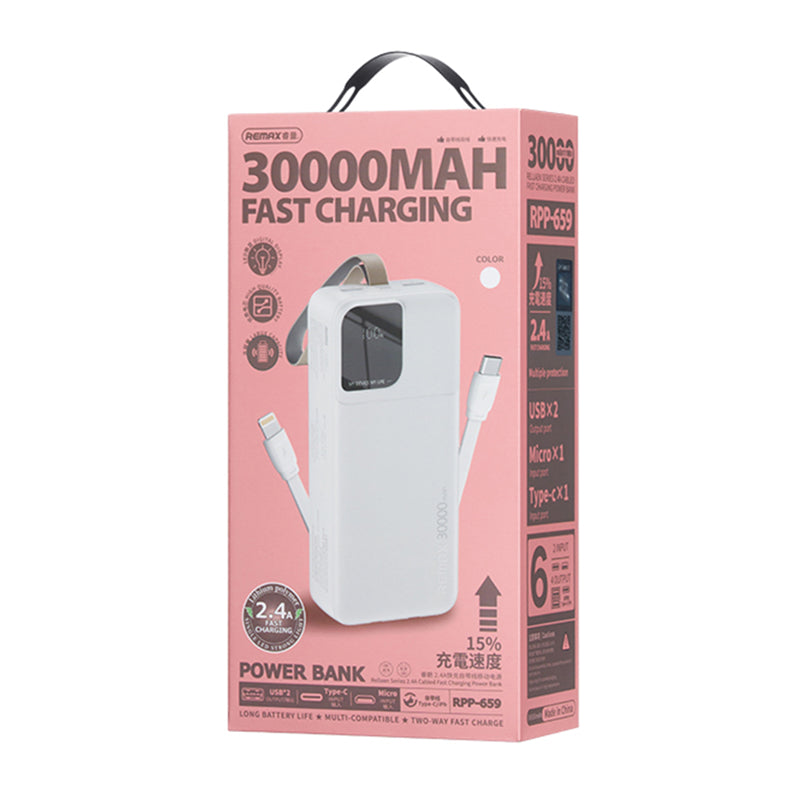 Power Bank Rellaen Series 2.4A Cabled Fast Charging RPP-659 30000mAh crni