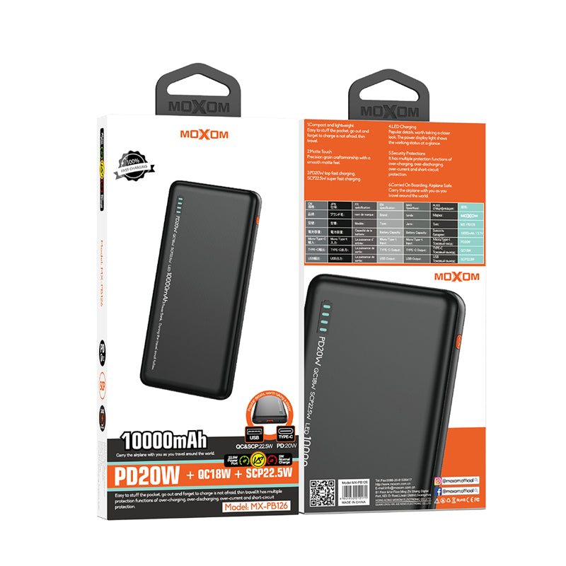 Power bank Moxom MX-PB126 PD20W QC18W SCP22.5W 10000mAh 2.4A crni