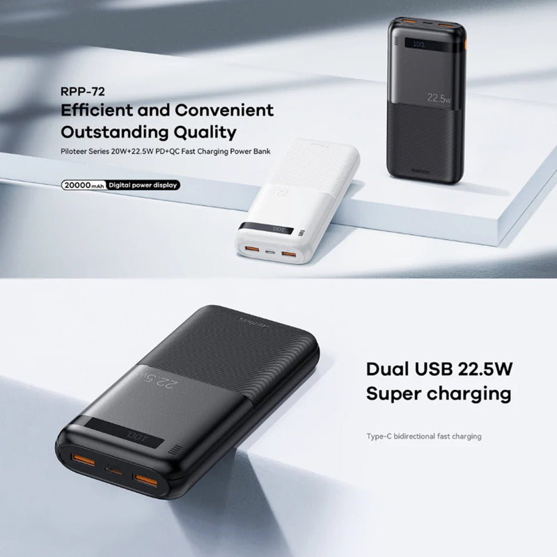 Power Bank REMAX Piloteer 20W PD+22.5W QC 20000mAh RPP-72 crni