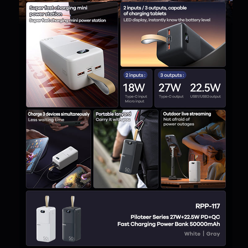 Power bank REMAX Piloteer 20W PD+22.5W 2.4A 50000mAh RPP-117 crni