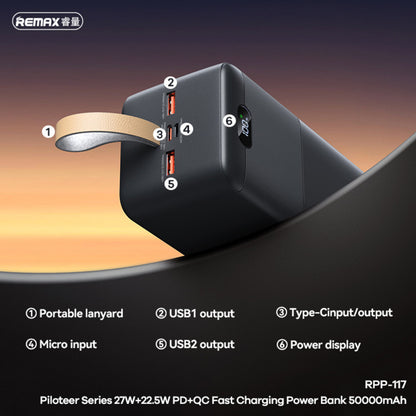 Power bank REMAX Piloteer 20W PD+22.5W 2.4A 50000mAh RPP-117 crni